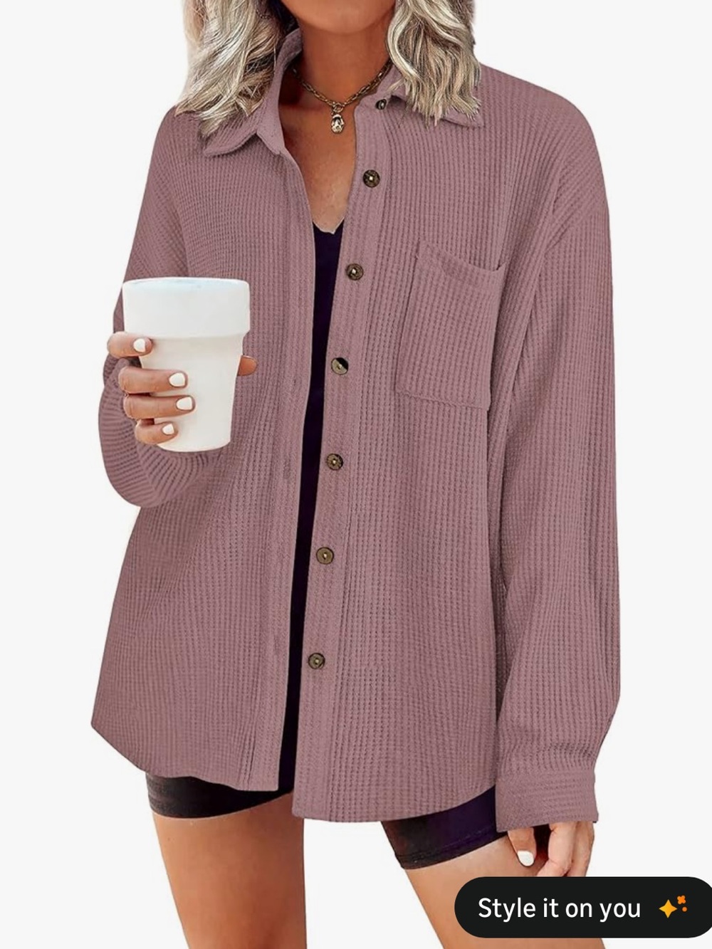 Waffle Knit Button-Up Shirt Jacket in Mauve